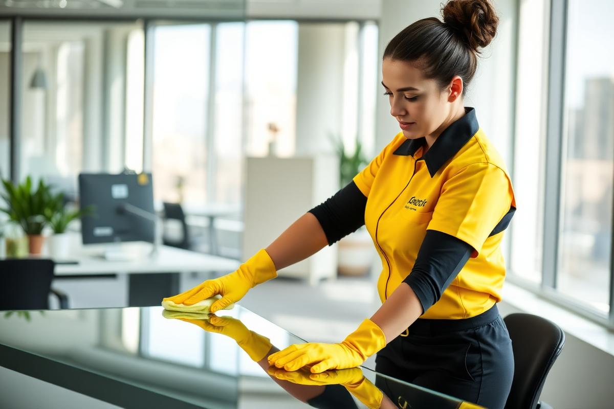 Uniformed commercial cleaner polishing a glass desk in a modern office